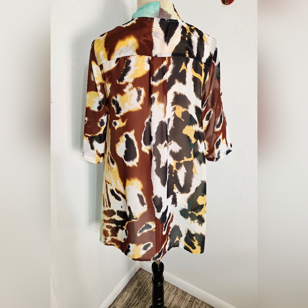 Feratelli Animal Print/Mint Green Asymmetrical Zip-Front Tunic Longer Sides Sz M - Picture 10 of 12